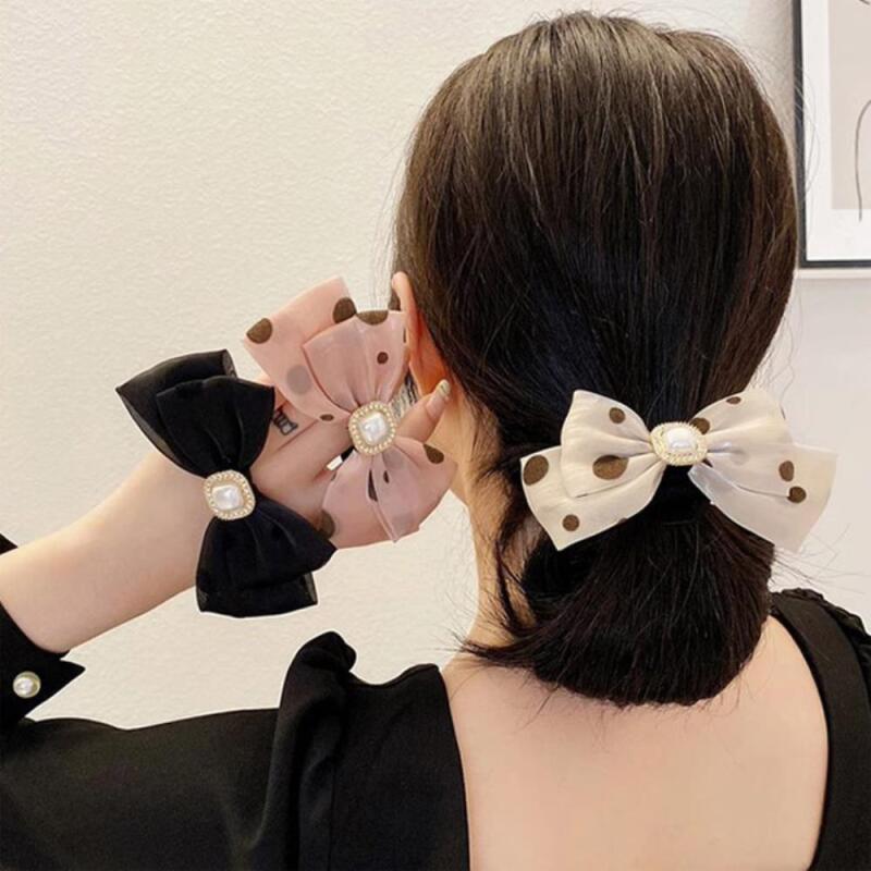 Dot hairpin chiffon pearl charm feminine ribbon pin pink
