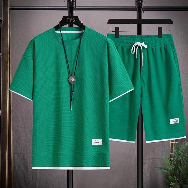 Ležérní outfit Trendy Šňůrka ke kolenům Ležérní outfit Tričko s texturou vafle Široké nohavice Šortky pro volný čas Denní oděv