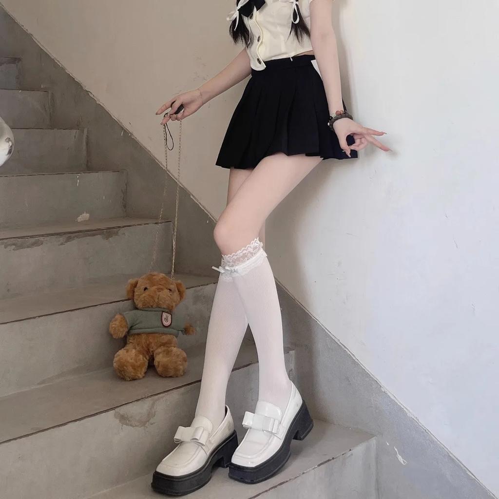 Damskie Koronkowe Lolita Japońskie Skarpety Pętelkowe Pani Średniej Długości Oddychające Wygodne Piękne Urocze Kawaii Styl Dziewczęcy Ładne Wstążki Skarpety na Łydkę