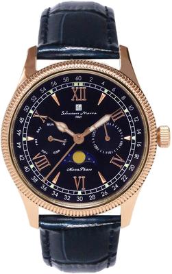 Armbanduhr Mondphase Multikalender 5 ATM wasserdicht Business Formal Ledergürtel Limitiertes Modell Rotgold Blau [Salvatore Mara] Herren SM24110-PGBL