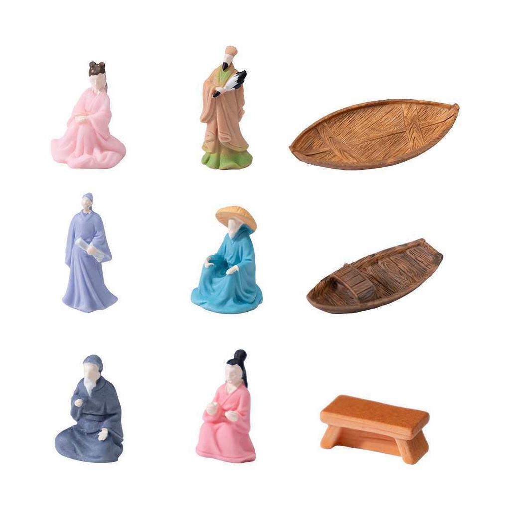 Creative Floating Mini Boat Ornaments: Zhuge Liang & Li Bai figures in Ancient Costume - DIY Decorative Accessories