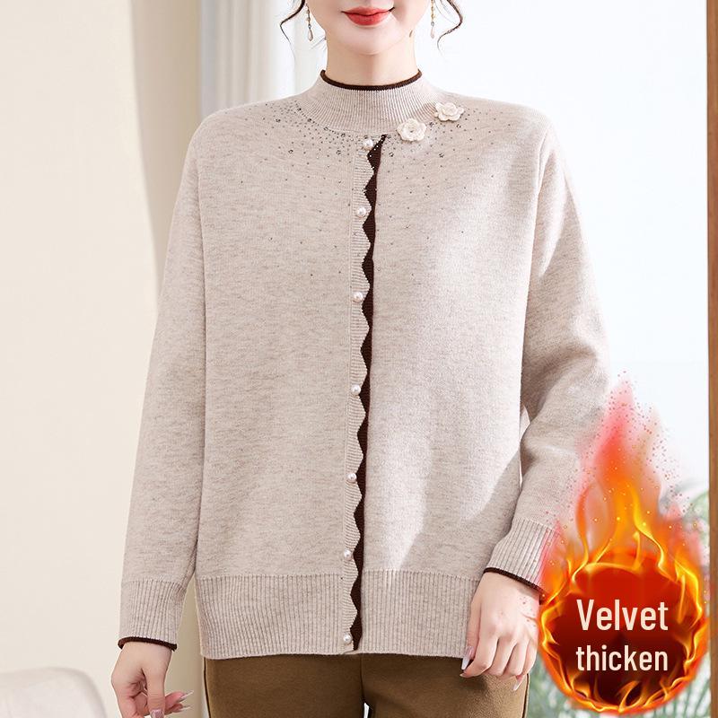 

Elegant Velvet Sweater for Middle-Aged and Elderly Women - Autumn/Winter Half-High Collar Base Layer Shirt 3XL (recommended for 120-130 jin)