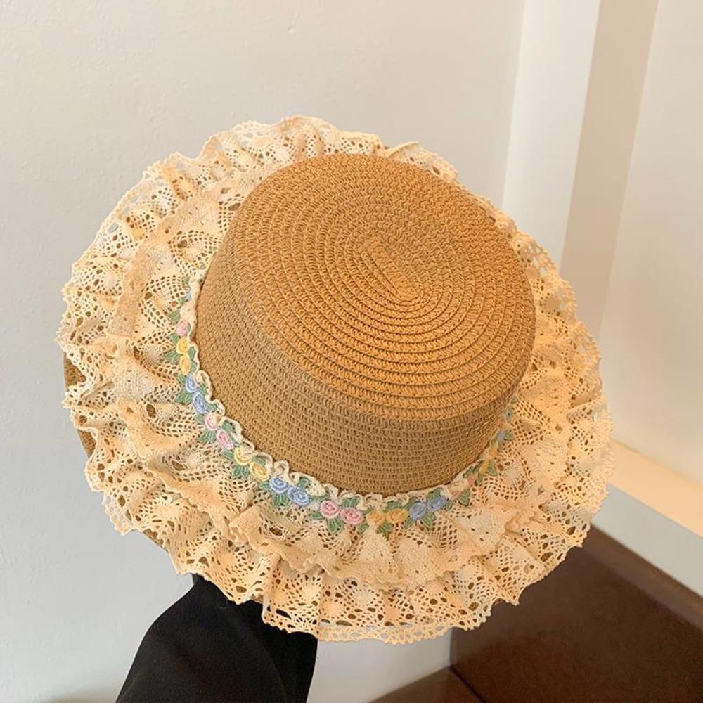 Wide Brim Lace Floral Brim Cap Flat Top Sunscreen Hat Simple Straw Woven Top Hat  Travel