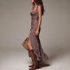 Style Retro Print Waist High Split Long Dress Slim and Thin Bohemian, Elastic Dress