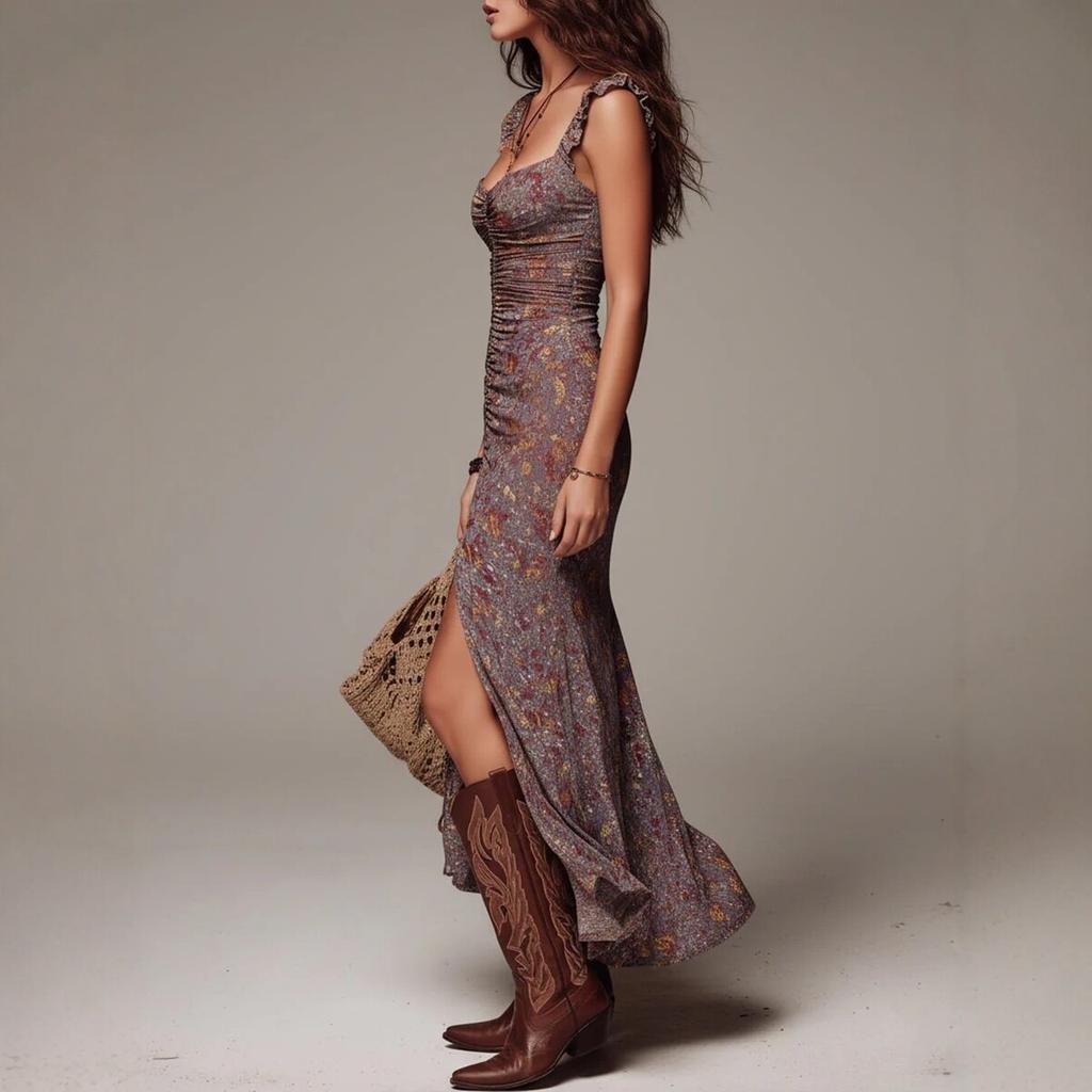 Style Retro Print Waist High Split Long Dress Slim and Thin Bohemian, Elastic Dress