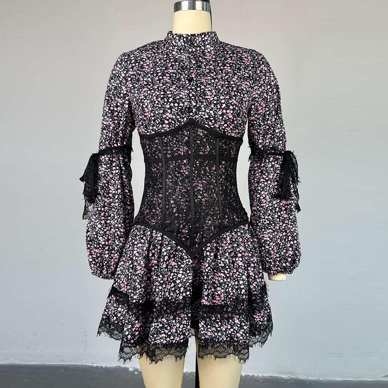 Rochie florală cu mânecă lungă, cu decolteu în V adânc, imprimeu, pentru femei, dantelă, mozaic, talie înaltă, mini rochii subțiri, pentru femei, la modă de stradă, la petrecere, rochie elegantă de vacanță