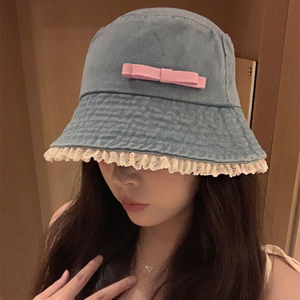 Denim Fischerhut mit breiter Krempe Y2K Schleife Sonnenschutzhut Mode Spitze Fischerhut Klettern