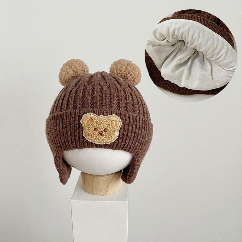 1-5PCS Winter Knit Beret Hat with Bear Ears and Ear Flaps Solid Color Baby Beanie Korean Style Warm Fleece Lined Toddler Cap