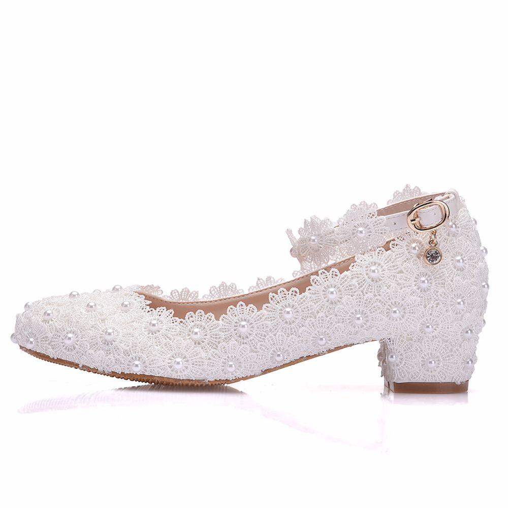 Crystal Queen Women's High Heels White Lace Wedding Shoes Sexy Bride Party 3CM Pointed Toe Shallow Mouth Pumps
