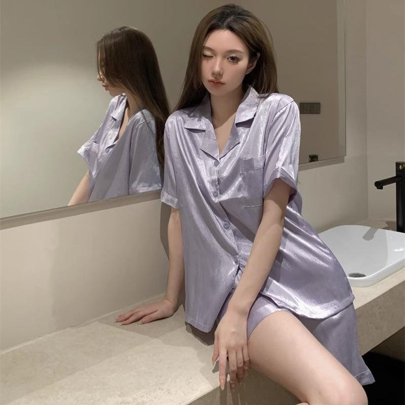 Women's Silky Purple Ice Silk Pajamas Set - Long-Sleeved Cardigan and Pants