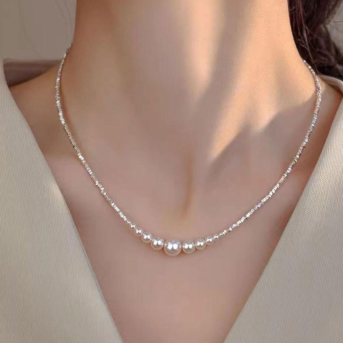 95 Sterling Silver Mother-of-Pearl Round Pearl Necklace - Women s Elegant Light Luxury Collarbone Gift