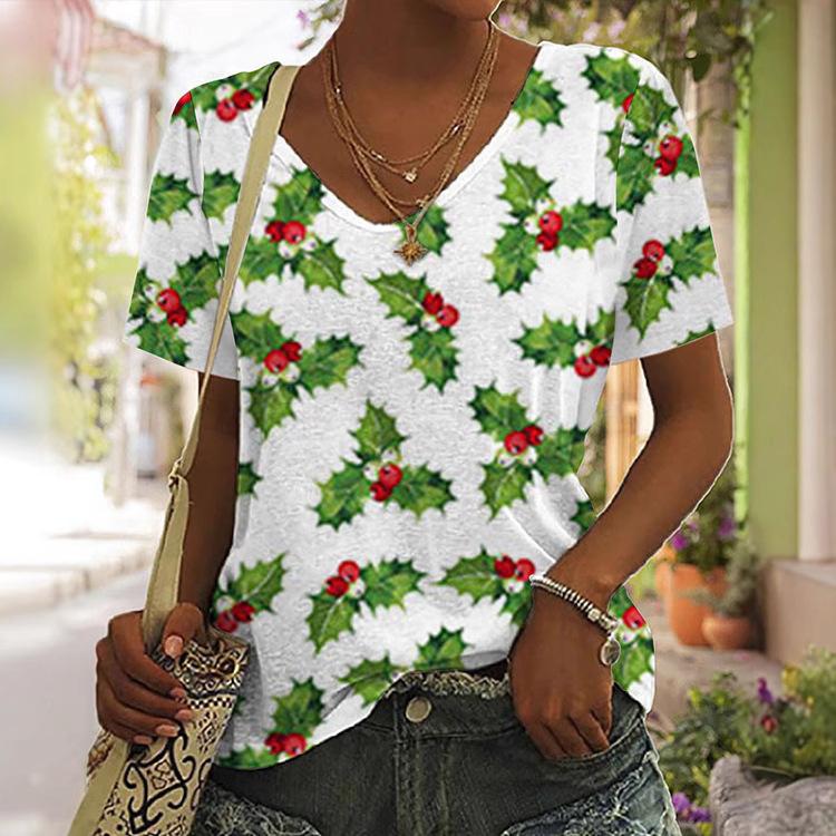 Bohemian Style Floral Pattern Printed T-shirts Summer V-neck 3D Printed Fashionable Casual Short Sleeved Women's T-shirts