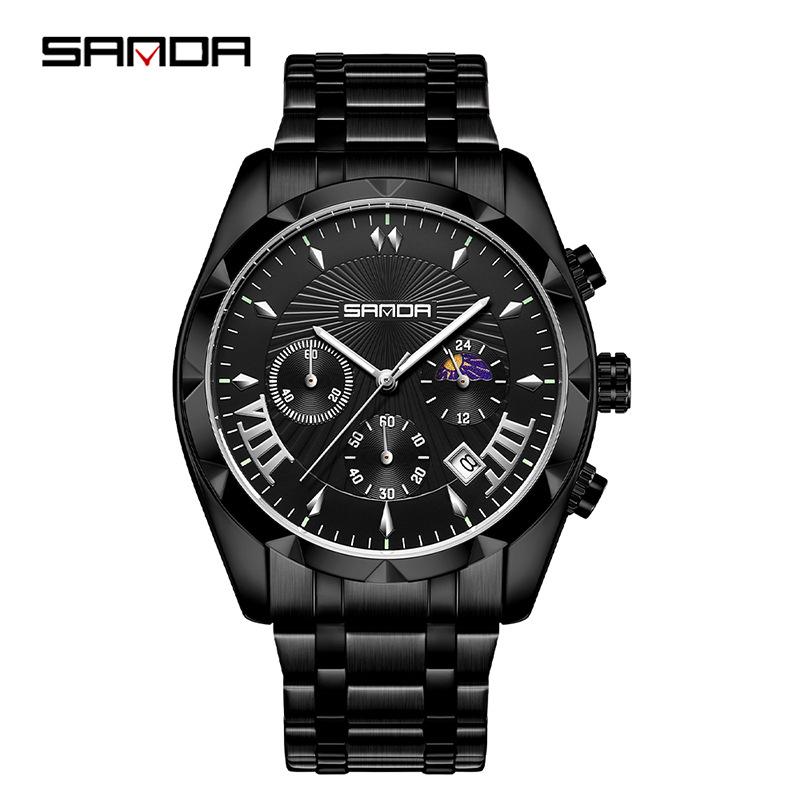 Sanda Men's Waterproof Business Watch - Steel Band, Luminous, with Small Seconds and Simple Calendar.