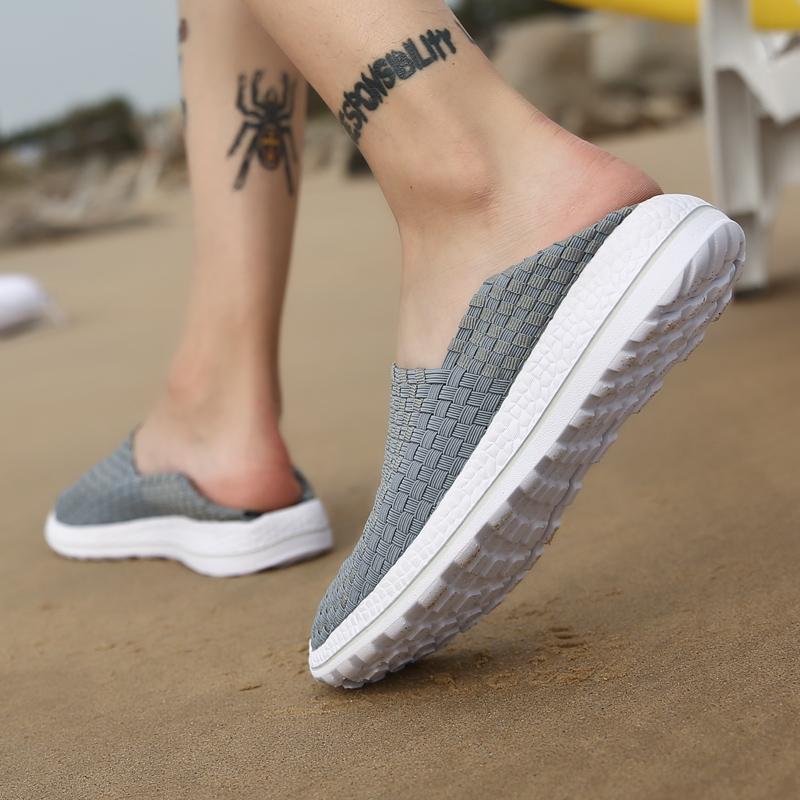 Summer Men Sneakers Black Braid Beach Shoes Casual Weave Breathable Slip on Flats Grey Sneakers