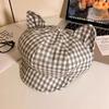 Cute cat ear plaid octagonal hat women's spring and summer new big head circumference shows face small sweet duck tongue beret