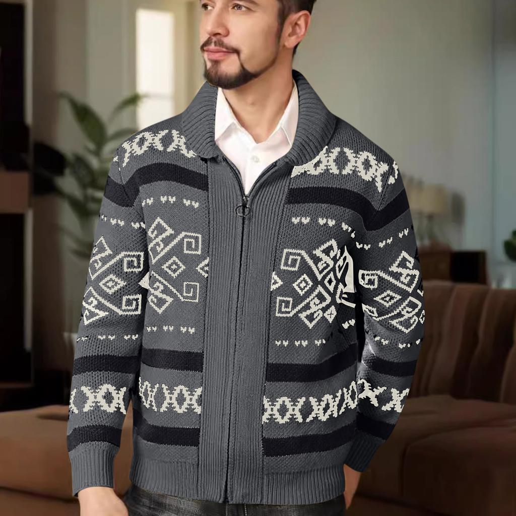 Men's Knitted Cardigan Jacket Men's Zipper Lapel Slim Outer Wear Knitted Sweater