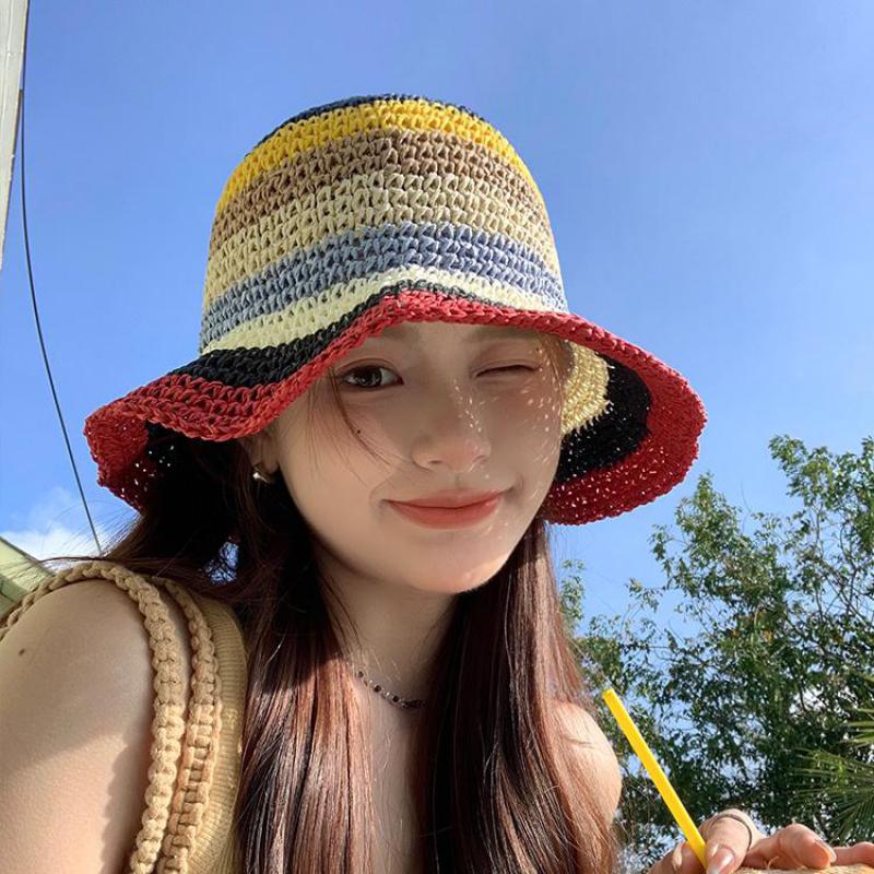 Summer Hats For Women Sun Hat Rainbow Color Straw Bucket Hat Sunscreen Outdoor Travel Beach Casual Bohemia Style 2025 New Sunhat