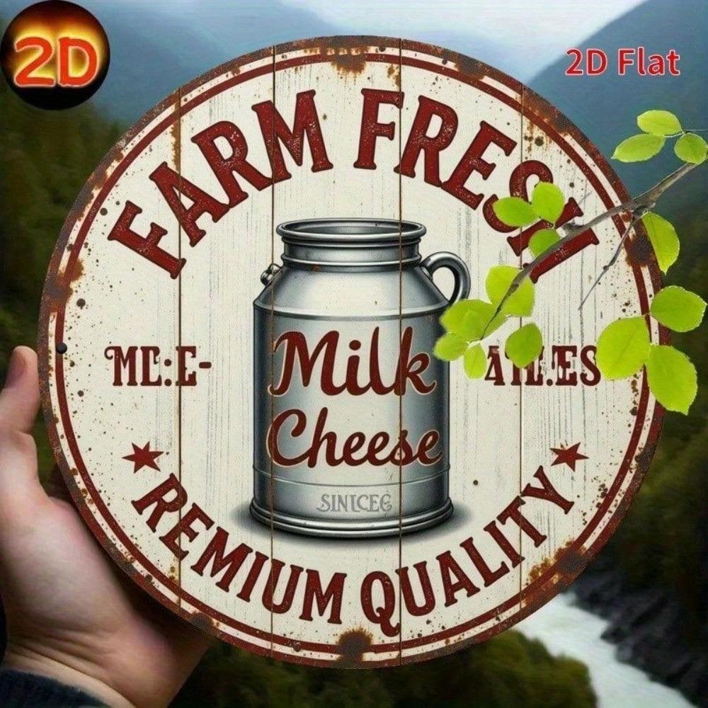 Vintage Round Tin Sign 8x8 Inch Farm Fresh Milk Cheese Retro Metal Plate Wall Art Decor for Kitchen Cafe Bar