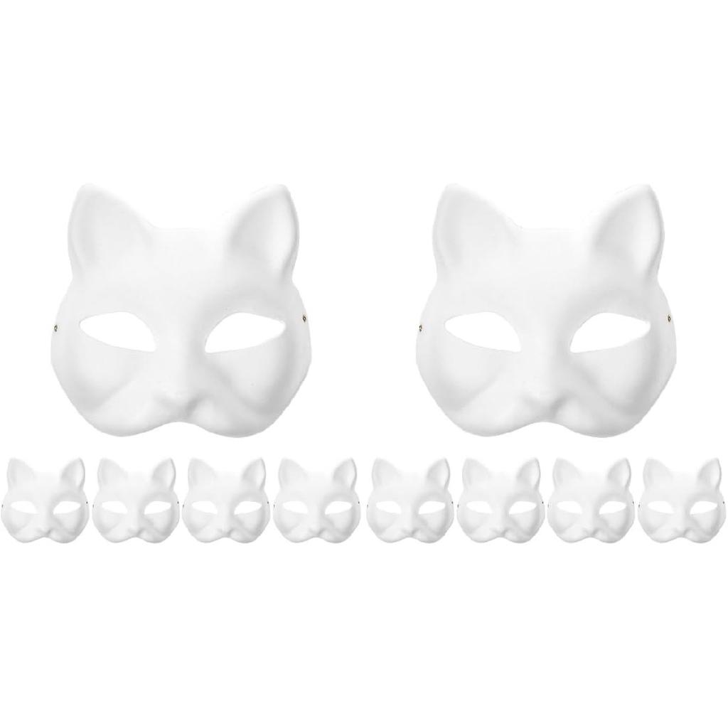 LOGOFUN 10 Pcs Cat Masks for Kids Therian Mask White Paper Blank DIY Unpainted Animal Mask Cosplay Party Decorations