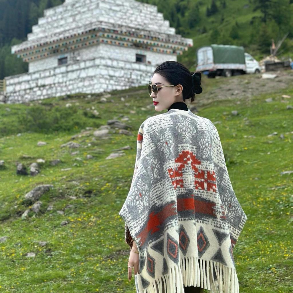 Ethnic Style Fringed Cape Jacket Women'S Shawl Scarf Travel Scarf