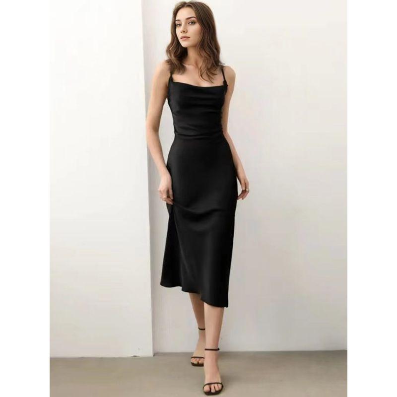 

Fashion Satin Swing Collar Sexy Sling Fishtail Dress Sexy Backless Suspender Dress Black S