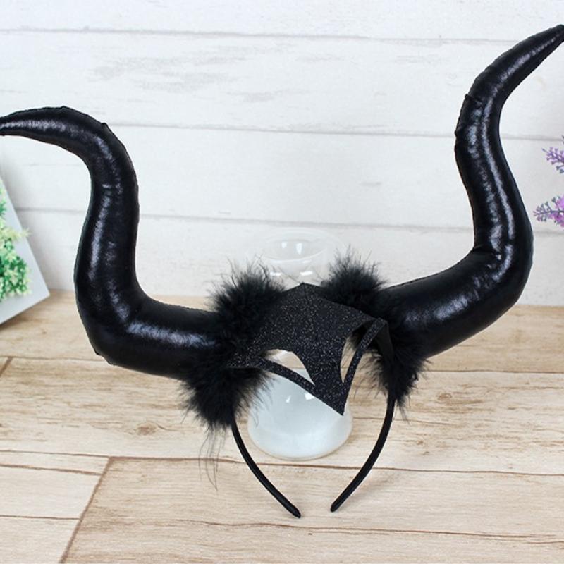 Women Halloween Long Demon Ox Horn Headband Evil Queen Glitter Hair Hoop Cosplay Costume Magic Witch Headpiece Accessory