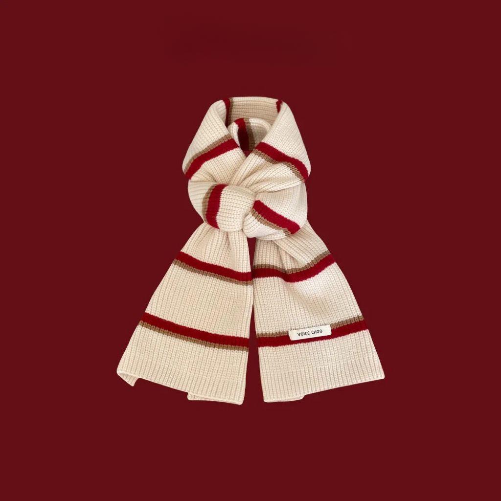 Women's Korean Style Atmosphere Versatile Knitted Scarf Winter Warm Japanese Color Block Christmas Gift Neck Warmer