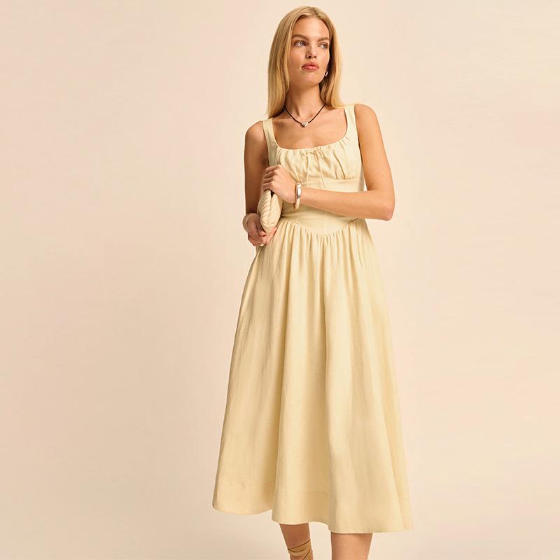 In Stock: 2025 Summer Yellow Linen Square Neck Mid-Length French Vacation Dress