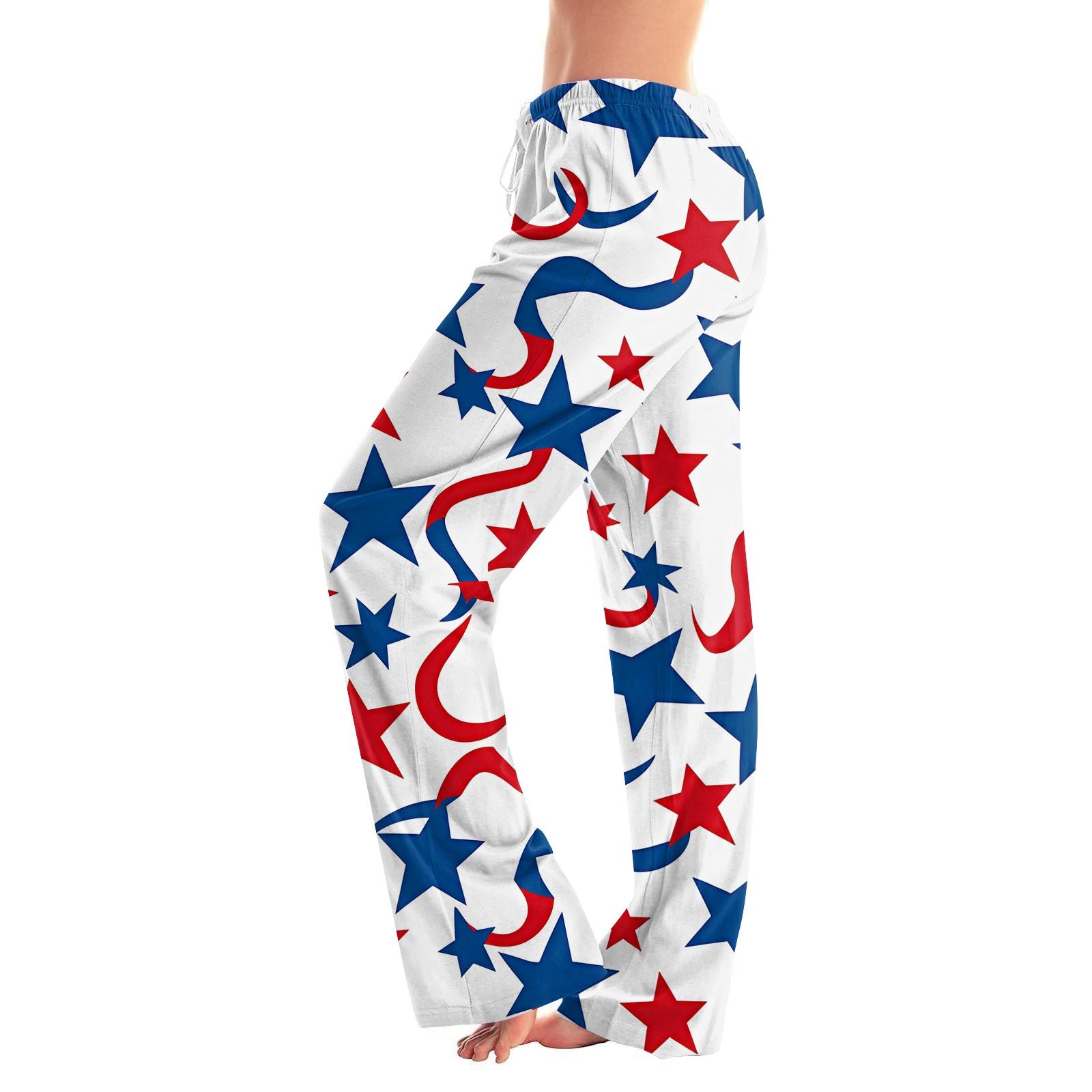 

Women Drawstring Waist Printed Long Pants Relaxed Fit Elastic Waistband Star Stripe Pattern Lounge Trousers Casual XL білий