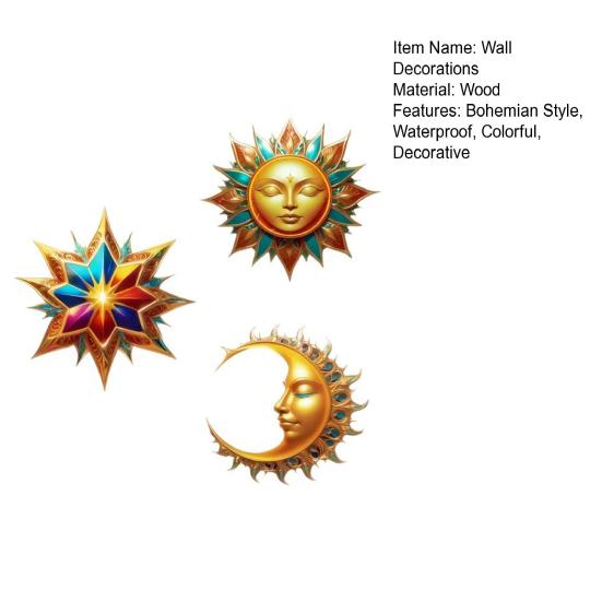 3Pcs Sun Moon Star Wall Decorations Waterproof Bohemian Sun Moon Star Wooden Wall Art Set Outdoor Indoor Hanging Decor Retro Style Garden Patio