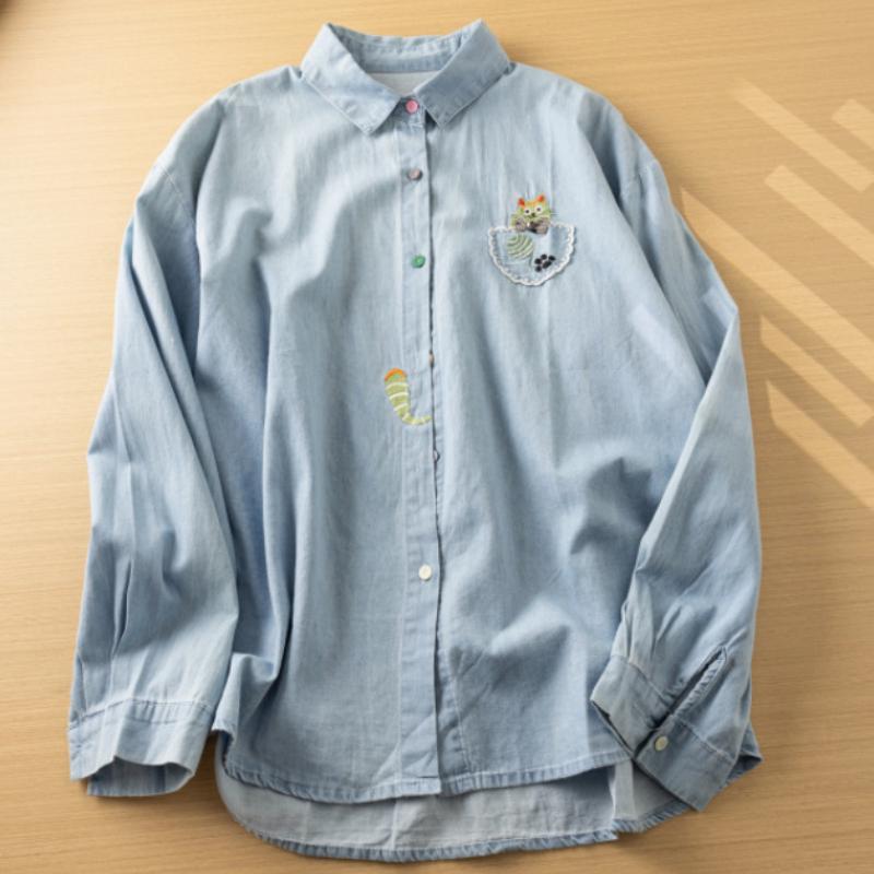 Haftowana koszula z długim rękawem z spranego dżinsu, damska, wiosenna i jesienna, uroczy jednorzędowy kardigan z dżinsu