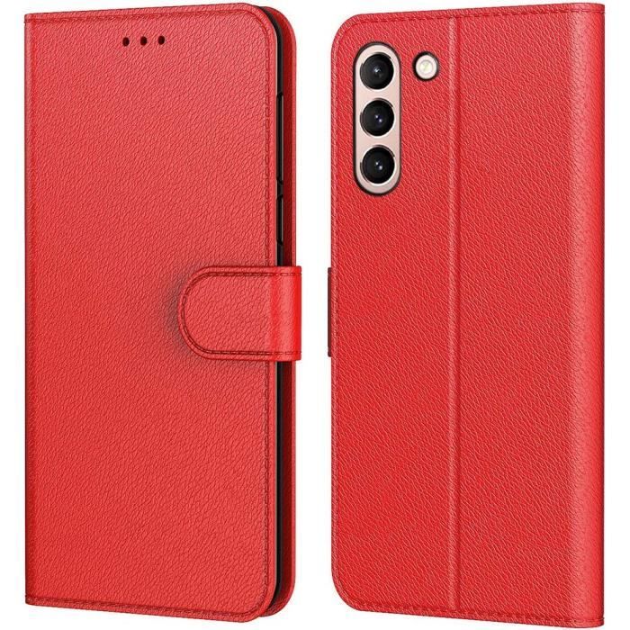 Coque de Protection - PROSHOP - Samsung S21 FE - Rouge - Effet Cuir - Porte-Carte