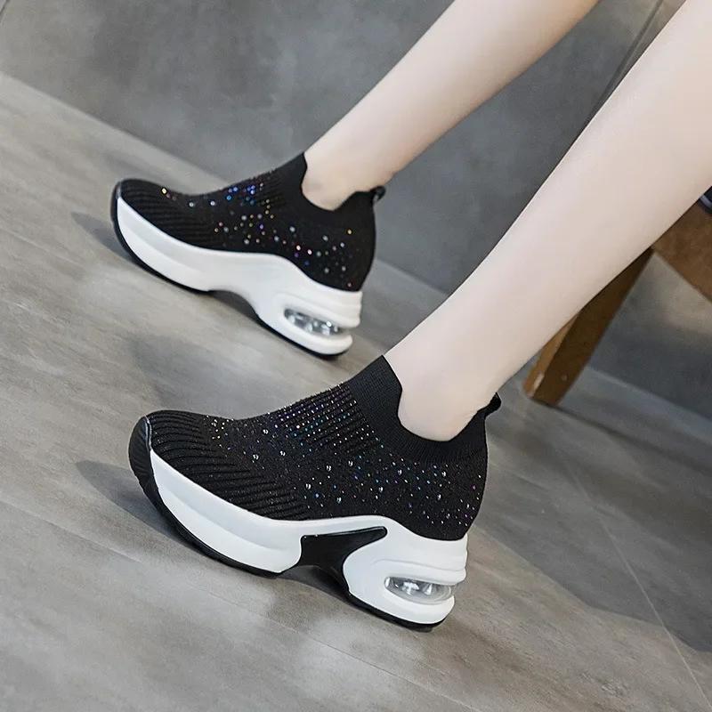 Fashion 8cm Air Mesh Stretch Fabric Sock Knitted Spring Autumn Platform Wedge Ankle Slip on Bling Women Fashion Rhinestone Booties Shoes