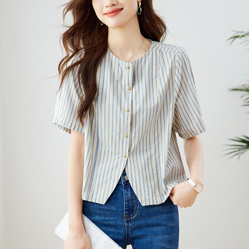 

Ретро синяя полосатая рубашка для женщин Дизайнерская рубашка с коротким рукавом на лето Новая маленькая рубашка XXL