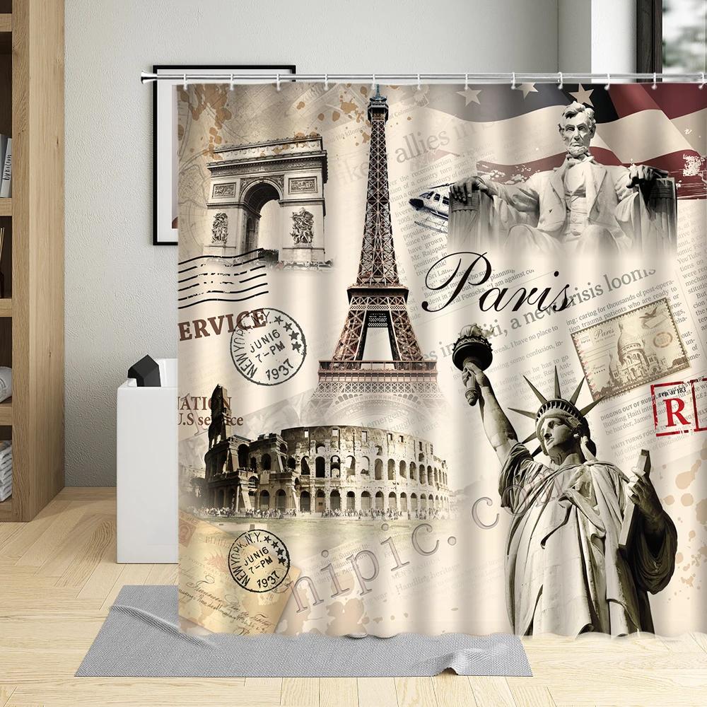 Retro Paris Tower Flower Oil Painting Shower Curtain Elegant Fabric Waterproof Bathroom Decor Screens Bath Curtains With 12 Hook