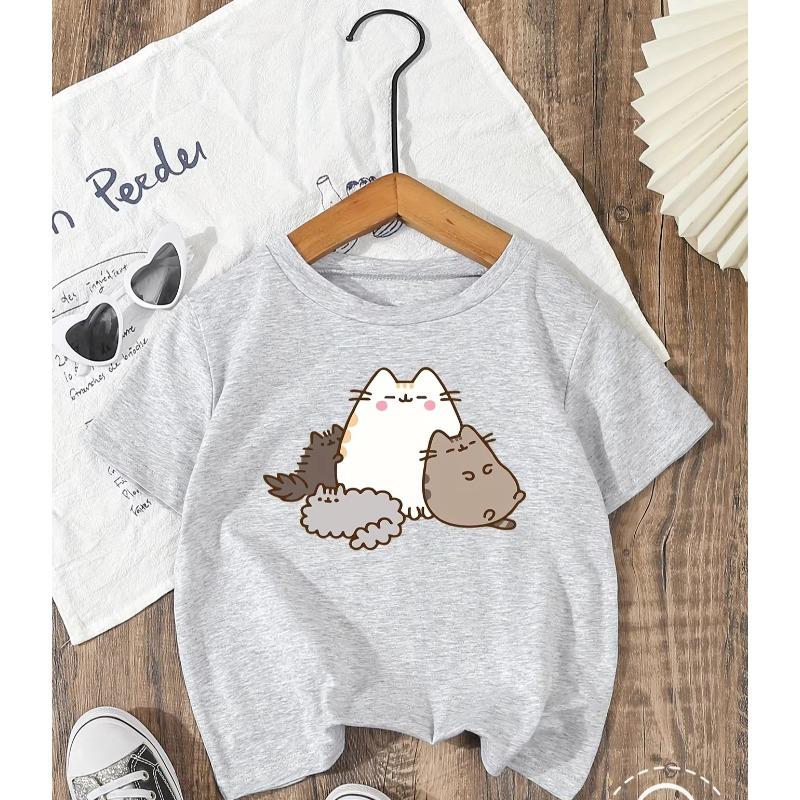 Children's cartoon cat printed cotton T-shirt with soft round neck and short sleeves suitable for boys and girls summer tops