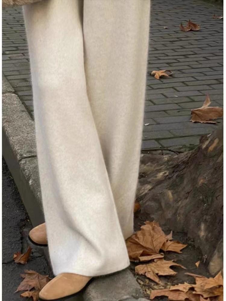 Women's Soft Fluffy Wool Wide-Leg Pants, Thickened Knit Cashmere, Petite Drape Long Straight-Leg.