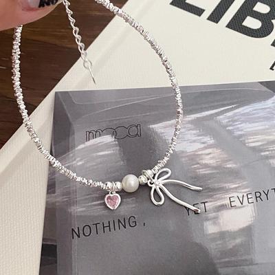 925 Sterling Silver Pink Heart Bow Pearl Bracelet for Women