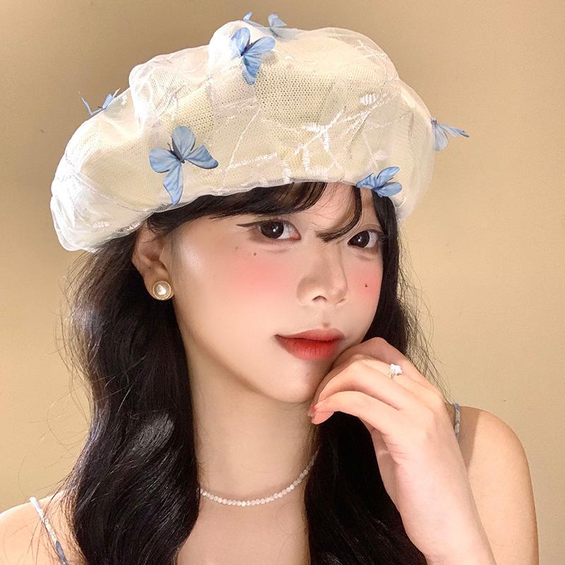 Summer Thin Three-Dimensional Mesh Sweet Cute Butterfly Beret For Women To Take Pos Knitted Fashionable All-Match Painter Hat