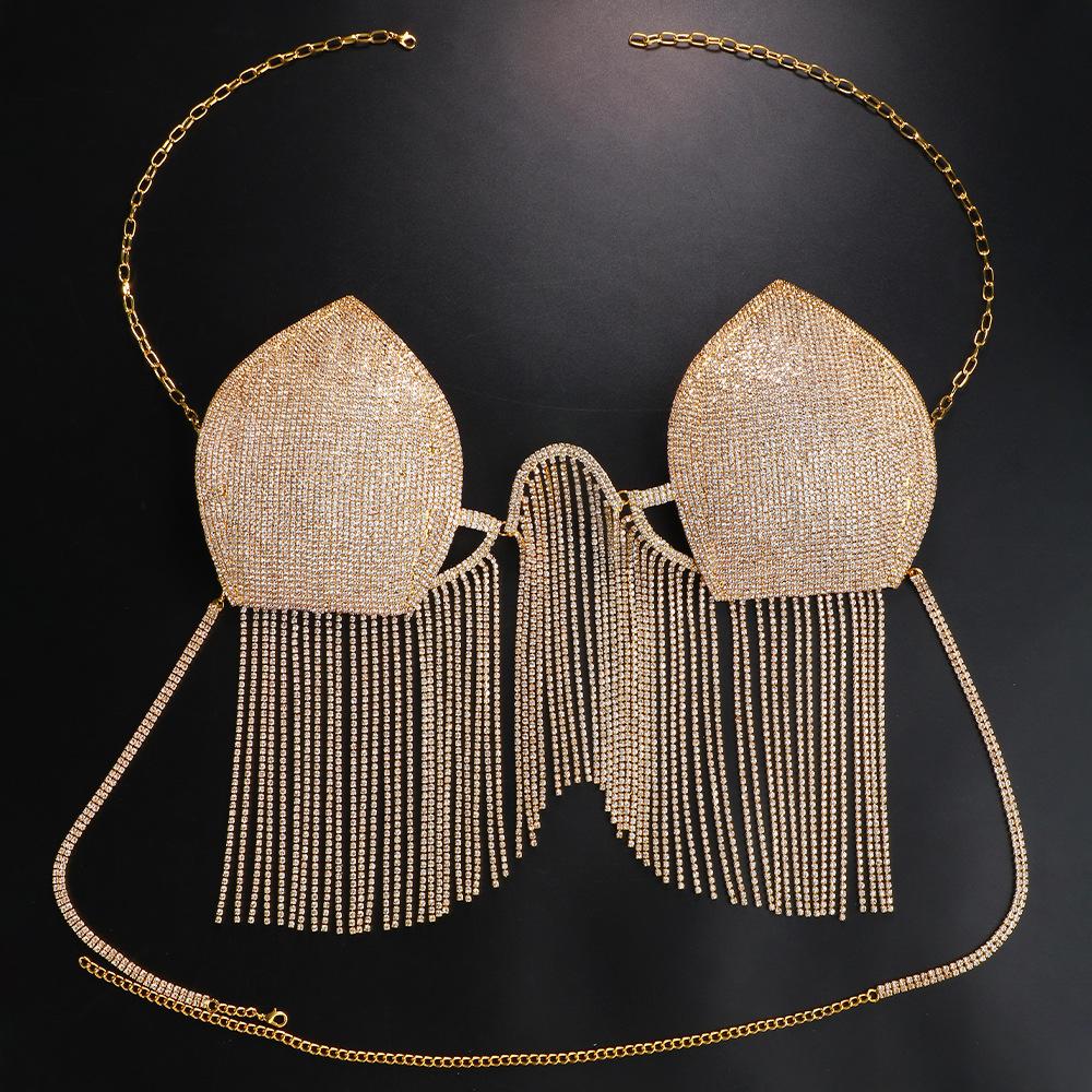 Sexy Bling Rhinestone Halter Mesh Bra Top for Women Fashion Shiny Tassel Bra Chain Bikini Jewelry Underwear