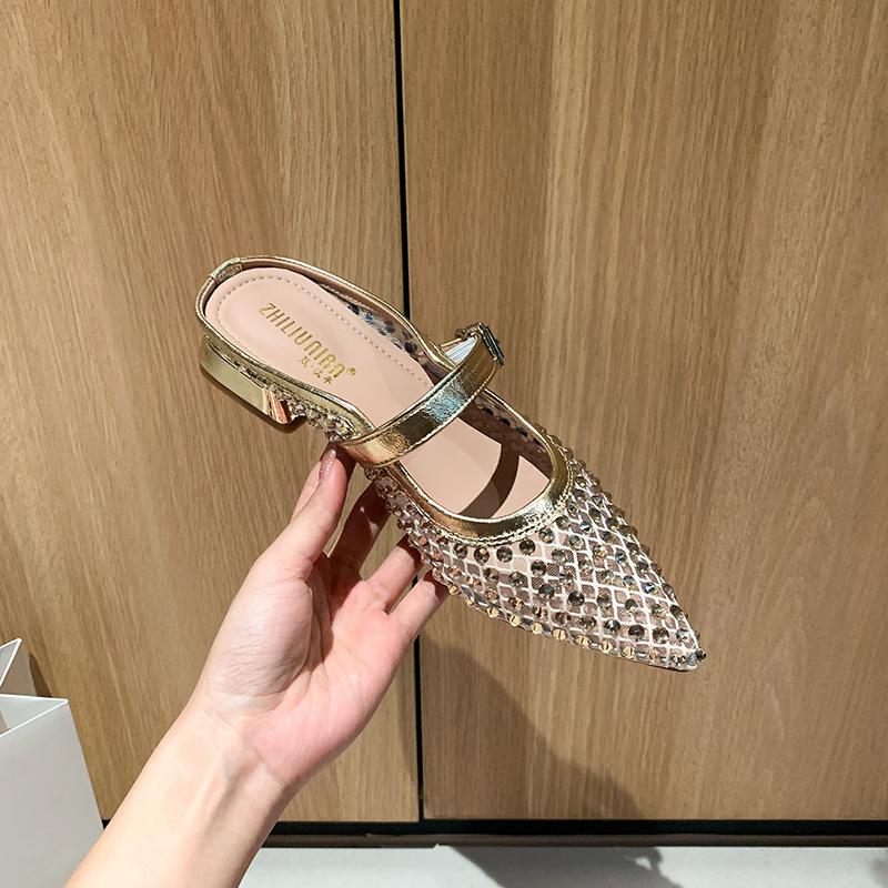 

2025 summer new square head single shoes thick heel middle heel mesh rhinestone women s shoes half drag versatile large size shoes wholesale 35 золотой