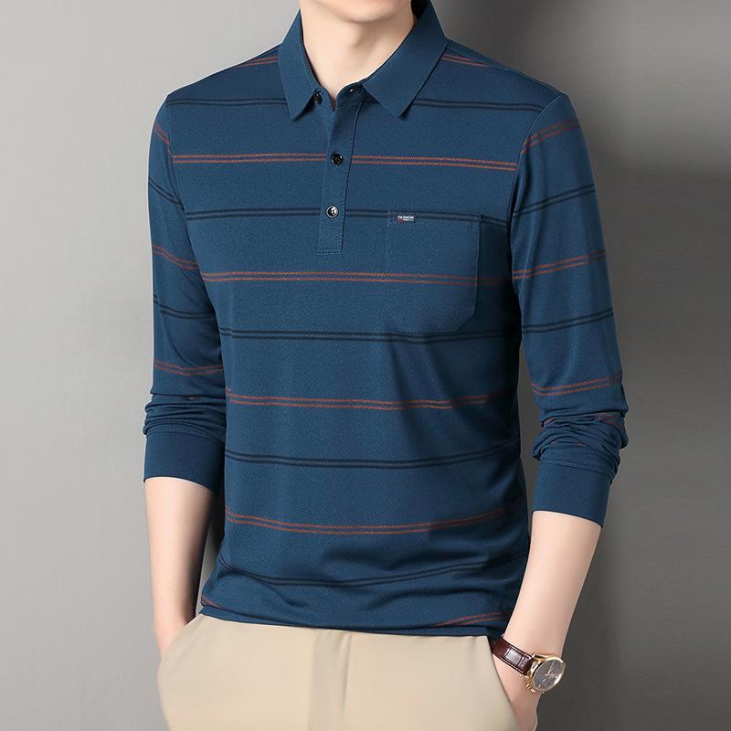 Spring And Autumn High-End Business Casual Polo Shirt For Middle-Aged Men Turn-Down Collar Long Sleeve Striped Versatile T-Shirt For Men