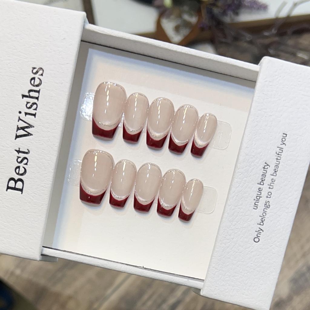 Simple Nude Cat Eye Nail Art Burgundy French Temperament Fake Nail Patch Removable Wearable Nail Patch Short