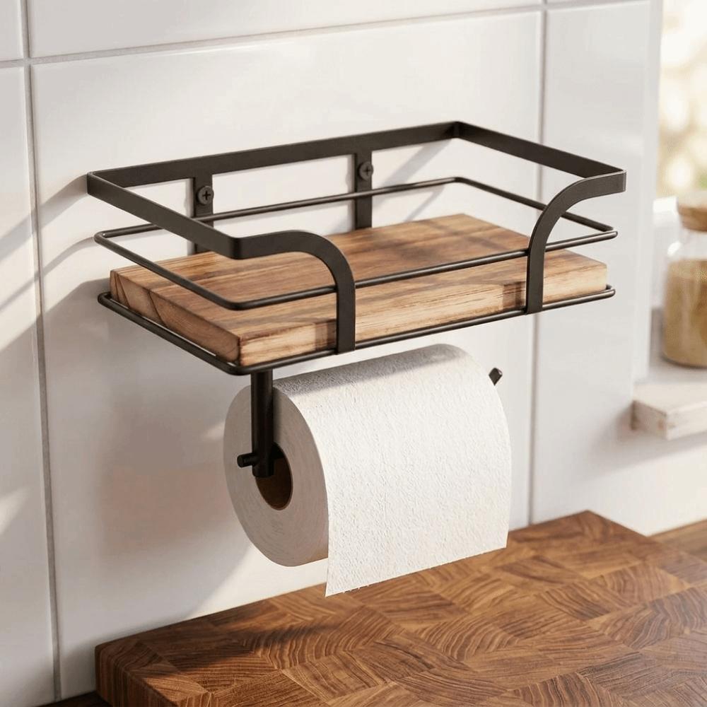 Wall Mounted Paper Towel Holder Wooden Paper Phone Holder Paper Storage Shelf  for Bathroom