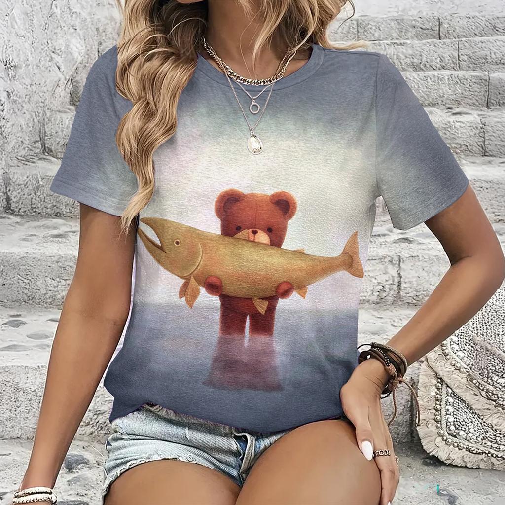 Summer Round Neck Cartoon Animal Pattern 3D Print Top Fashionable Casual Short Sleeved Women's T-shirts