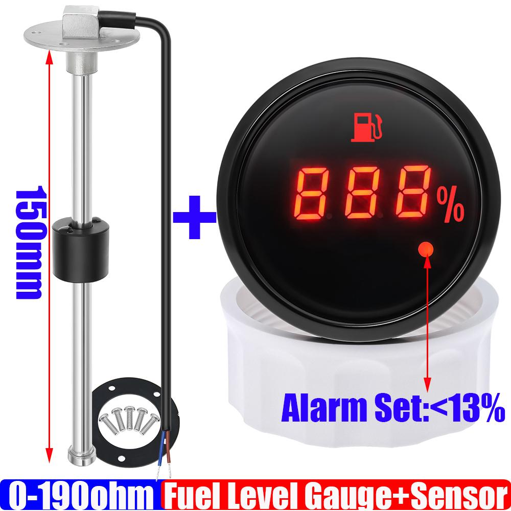 Digital 52mm Fuel Level Gauge with Flash Alarm+A5 Fuel Level Sensor 0-190 Ohm Oil Tank Meter Indicator for Car Boat Motor 9-32V