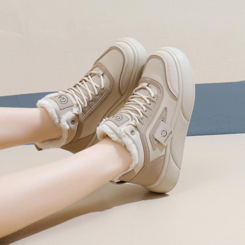 Dicksöhlige Damen Baumwollschuhe 2024 Winter Neu Höhe Erhöhend Board Freizeit Baumwollschuhe Einfarbig Täglich Vulkanisierte Schuhe