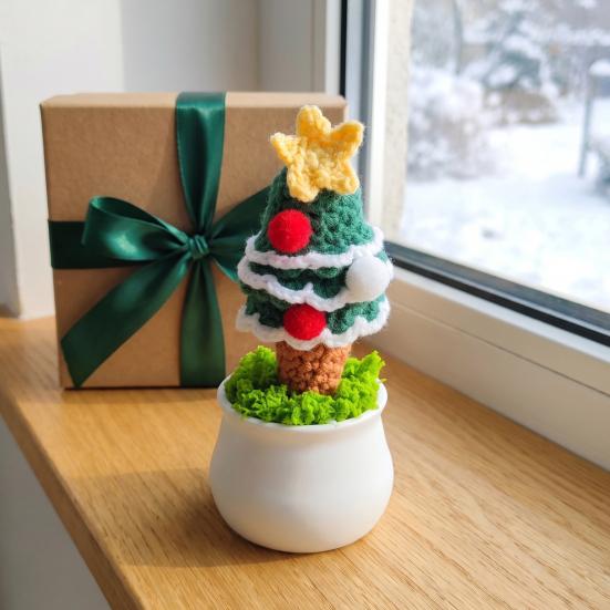 Holiday Desk Accessories for Office Hand Crochet Potted Christmas Tree, Creative Knitted Plant, Mini Crocheted Ornaments Cute Home Desktop Decorations