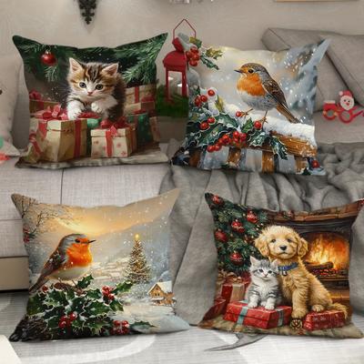 Nueva Funda de Almohada Navideña Funda de Almohada con Estampado de Copo de Nieve y Gato Navideño Cojín para Sofá del Hogar