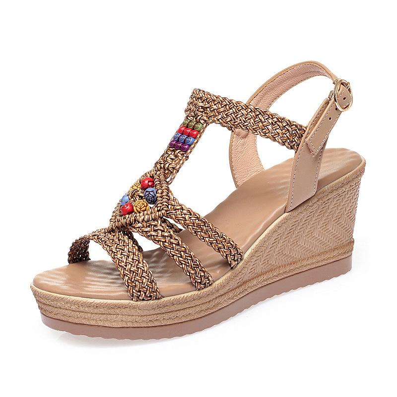 Women s Summer New Style Wedge Heel Platform Fashion Bohemian Ethnic Style Roman High-Heeled Leather Sandals 34